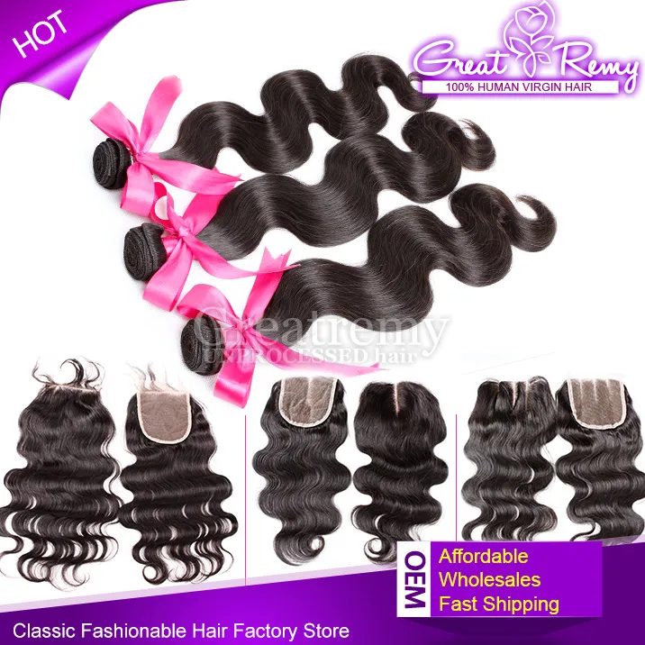 Virgin Human hair bundle with closure Brazilian hair body wave 3 bundles with closure free/middle/three part factory outlet