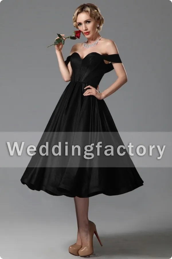 Vintage Black Wedding Dresses A Line Sweetheart Off Shoulder Tea Längd Brudklänningar Skräddarsy för Brides Formell Party Gown