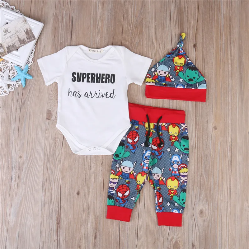 Cartoon baby jongen kleding jongens outfits katoen korte mouw romper + broek + hoed 3 stks kinderkleding sets boutique babykleding set pasgeboren