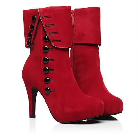 جديد 2 ألوان كوريا مصمم أحذية 10 سنتيمتر عالية الكعب مع زر أزياء المرأة الشتاء أحذية قصيرة حمراء إضافة أفخم NXZ124