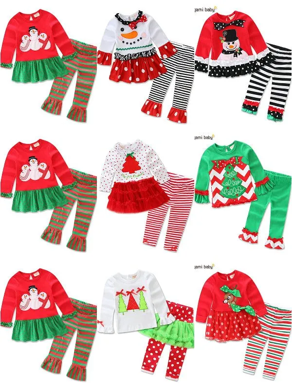 7 estilos Baby Girls Boys Christmas Trajes de Navidad 2 unids Set (Tshirt + Pantillo) Niños Bordado de dibujos animados Vestido de Navidad Sanda Vestido Stripe Ruffle Pants Trajes