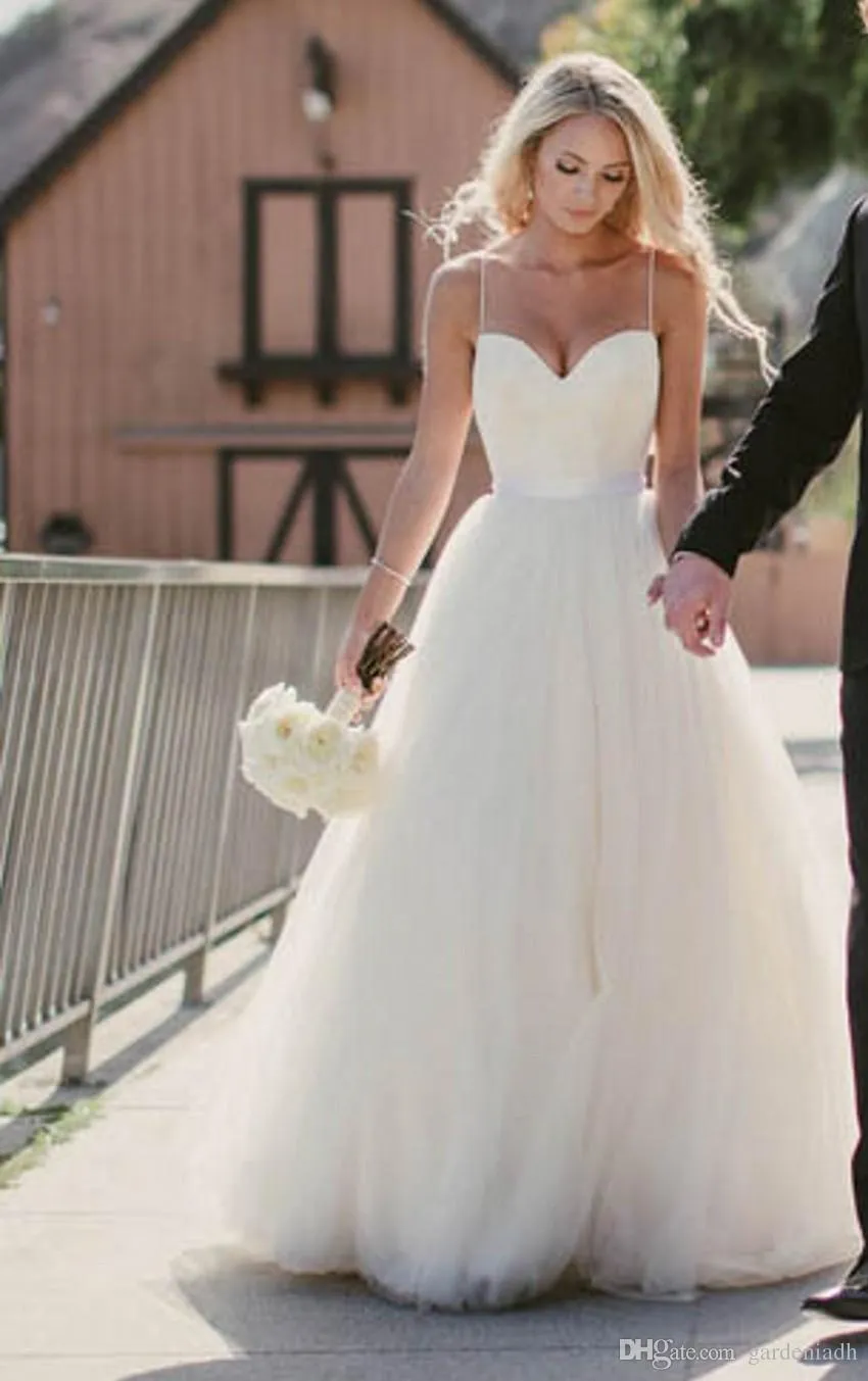 2020 robes de mariée de plage nouvelle chérie avec corsage en dentelle corsage bretelles spaghetti tulle robes de mariée robe de mariage