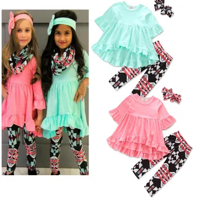 Chegada nova Roupa Do Bebê Definir Bebê Recém-nascido Da Menina Dos Miúdos Roupas de Manga Longa Irregular Flounces Vestido Tops + Calças Florais Roupas 2 Pcs Definir roupas