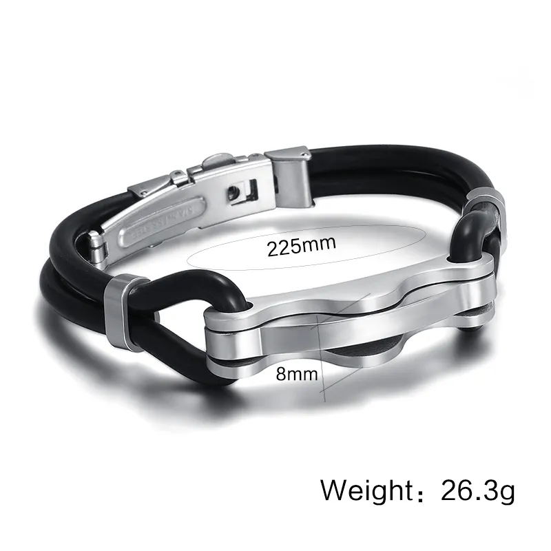 Trendy Hoge Kwaliteit Nieuwe Design Unisex's Xmas Beste Gift Zwart Siliconen Bangle met roestvrijstalen zilveren Link Armband 8.5 '' Gratis verzending