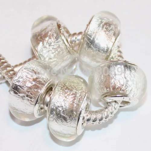 50 Pz 925 Sterling White Foil Splendidi Perline di Vetro di Murano Charms fit European Jewelry Charm Bracciali Collana