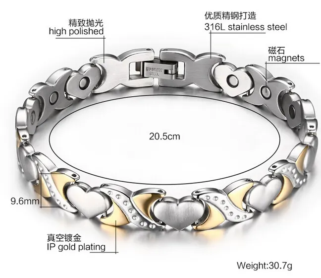 Hotselling Yeni Stil Gümüş Altın Paslanmaz Çelik Sağlık anti-radyasyon mıknatıs Taş kristal Link Zinciri bilezik 9.6mm 8.2 ''