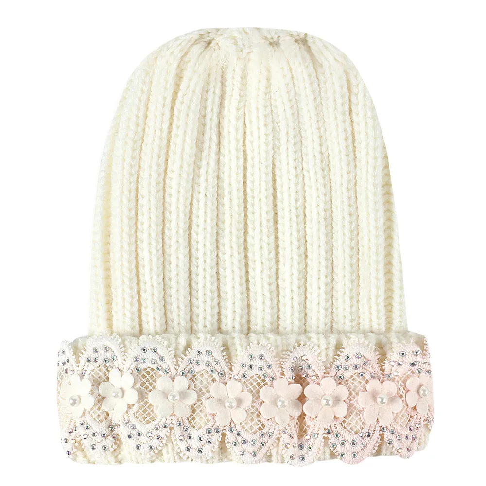 Högkvalitativ Bling Diamond Lovely Winter Hat Creative Lace Pearl Wool Cap Diamant Stickad Hat Ull Pearl Cap Xmas Hats grossistpris