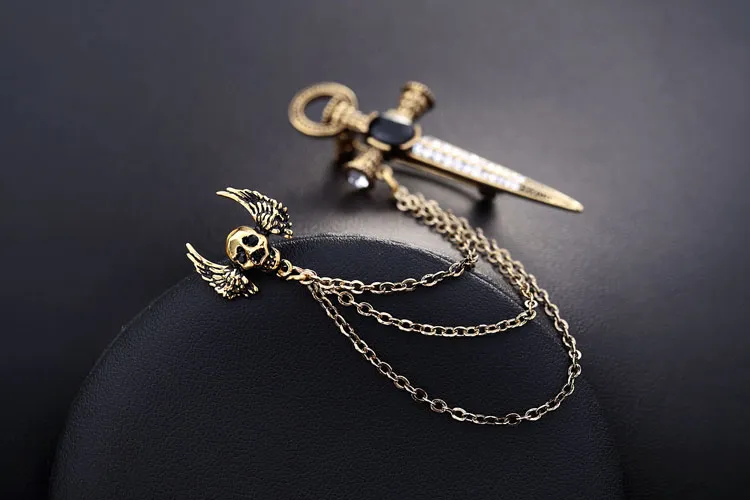 Hot Unisex Punk Chains Tassels Wing SKull Gem Rhinestone Arrow Cross Pins Clip Brooch For Women Men Jewelry Wholesale 12 Pcs