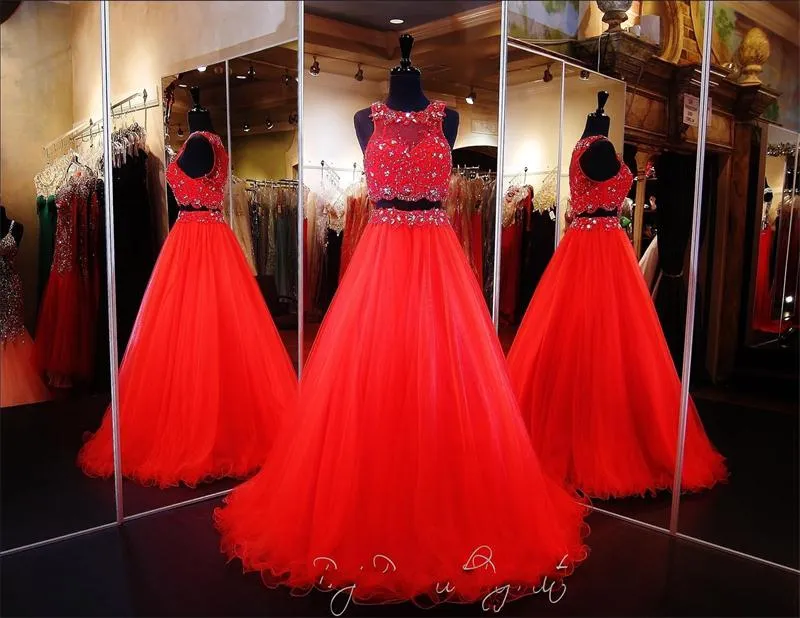 Deux pièces robes de Quinceanera bijou une ligne cristaux perles robes de concours pour les filles une ligne Tulle fermeture éclair dos robes de soirée