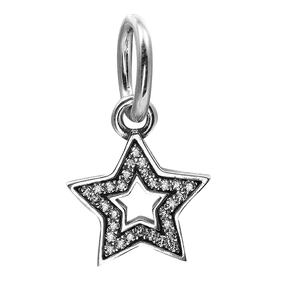 Dangle Star Symbol of Aspiration with Clear CZ 100% 925 Sterling Silver Beads Fit Pandora Charms Bracelet Authentic DIY Fashion Jewelry