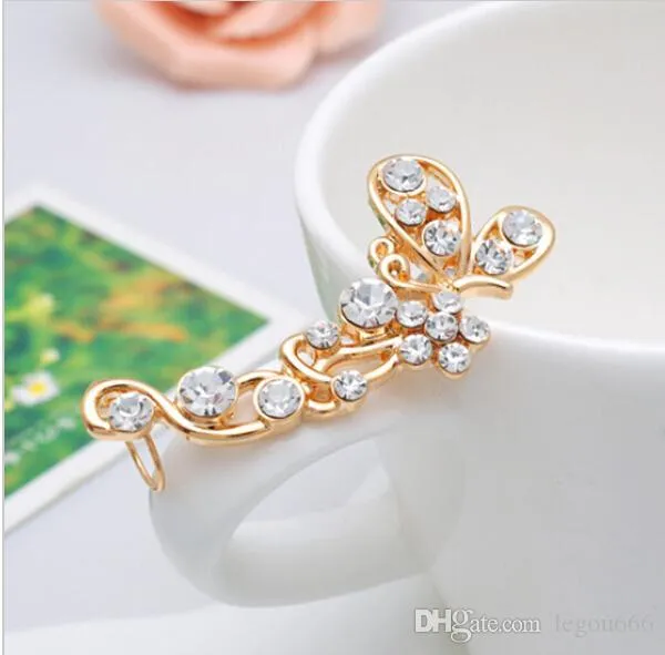 Retro Crystal Butterfly Flower Ear Cuff Stud Earring Wrap Clip On Clip Clamp New