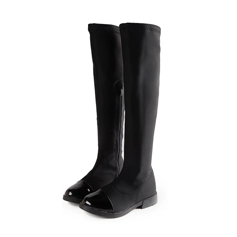 Size30-37 большие дети девочки колена сапоги 2015 новая мода черная эластичная ткань искусственная кожа весна / осень / зима ботинок для девочек-подростков