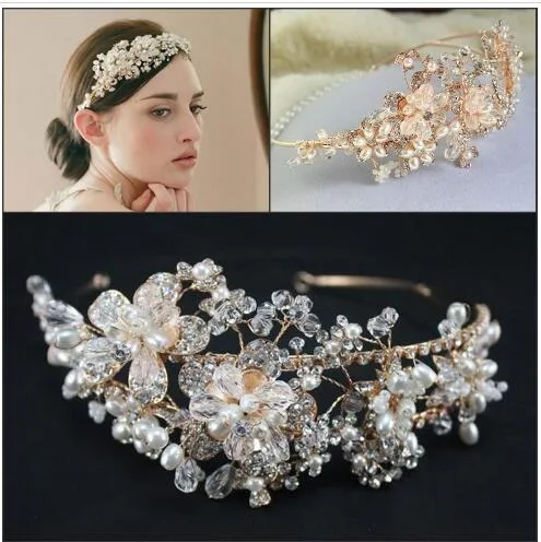 2015 Gold Vintage Bridal Jewelry Headpiece Imitation Pearl Hair Accessories Crystal Hair Band headbands Bridal Crown Tiara Wedding230L