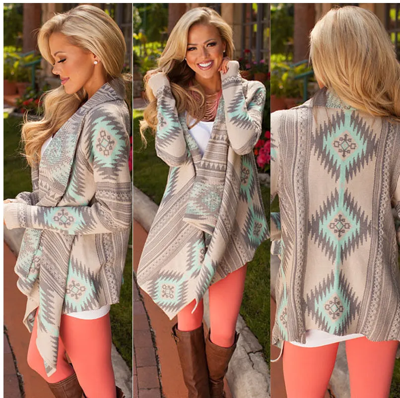 Women Long Sleeve Waterfall Knitted Geometric Print Cardigan Sweater Outwear Top
