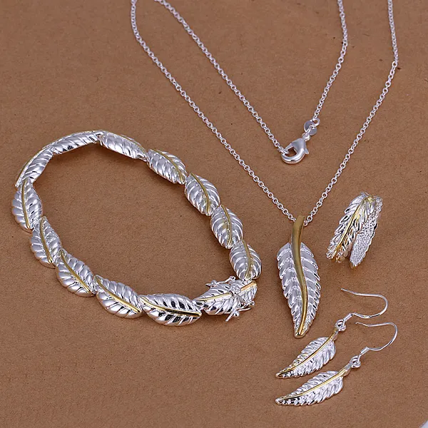 High grade 925 sterling silver A family of four feathers jewelry set DFMSS112 Factory direct 925 silver necklace bracelet earring ring