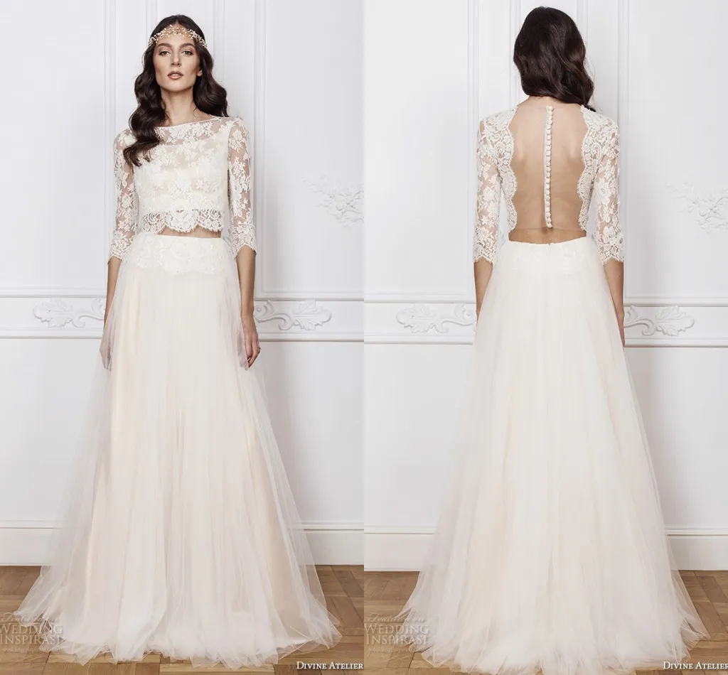 Bateau Neck 3/4 Långärmad Boho Bröllopsklänningar Två bitar Lace Crop Top Sheer Beach Bridal Gowns Ruffled Tulle Vestidos de Noiva