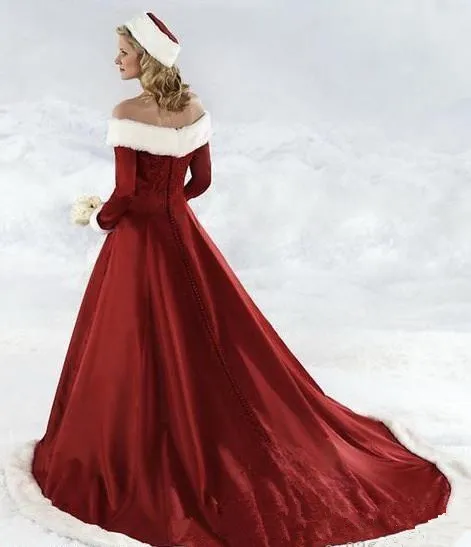 فساتين الزفاف في فصل الشتاء الفراء دافئ قطار طويل الأكمام خارج الكتف A-LINE Red Bridal Vestidos de Noiva 2019 New S249R