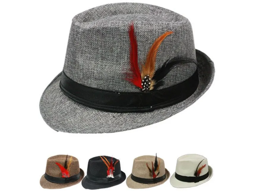 Ny sommar trilby fedora hattar halm med fjäder för mens mode jazz panama strand hatt 10st / 