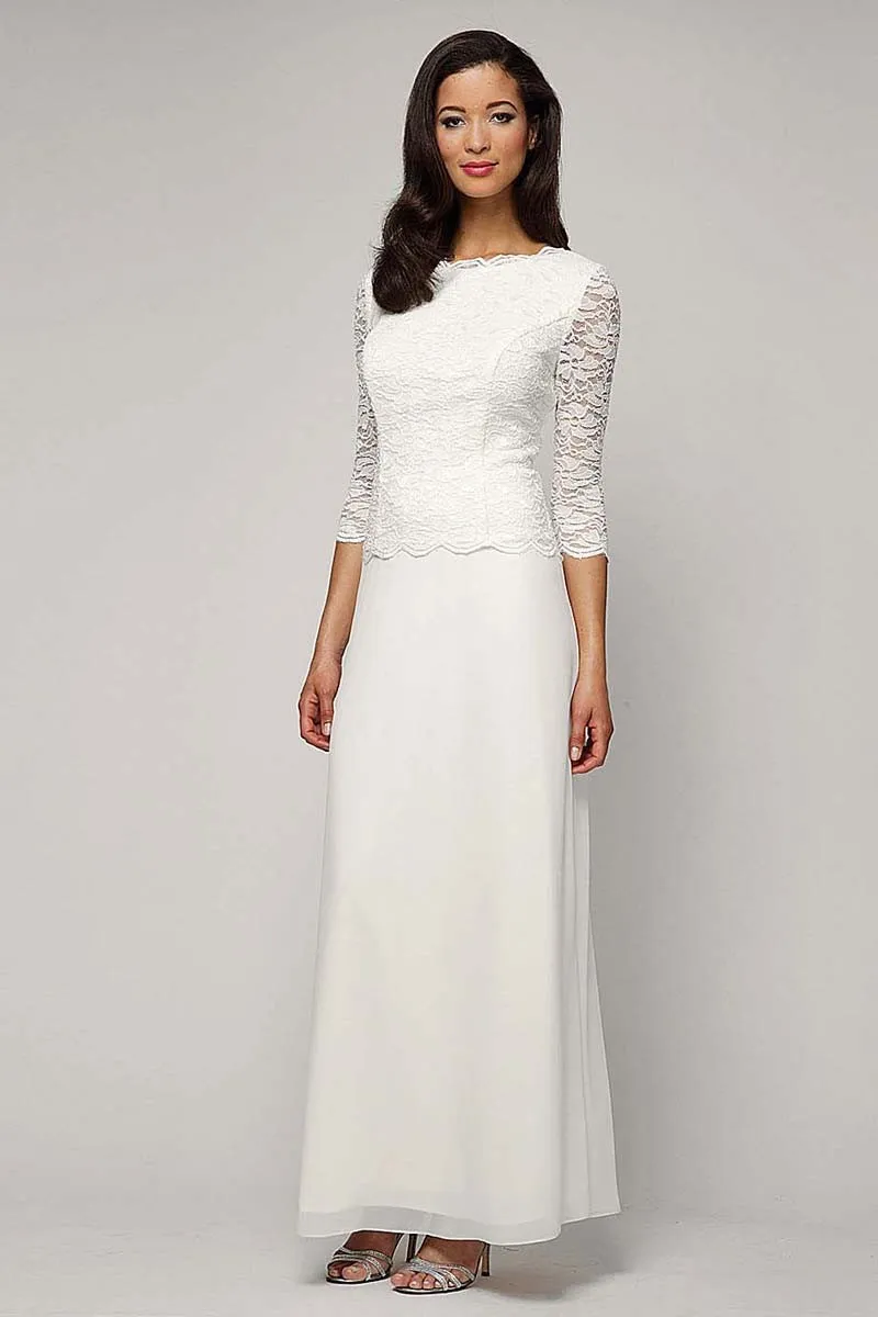 Elegant Chiffon Lace High Neck Mother Bride Dresses For Wedding Party Sexy Lace A-Line White Evening Dresses Gowns With Long Sleeves d148