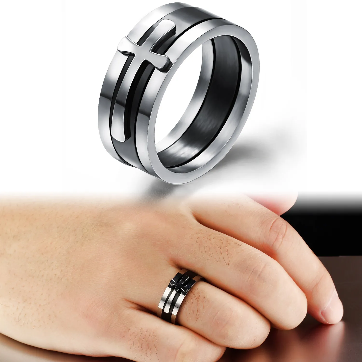 8mm Two Tone Classic Three in One Cross Rings in Stainless Steel Combination Rings