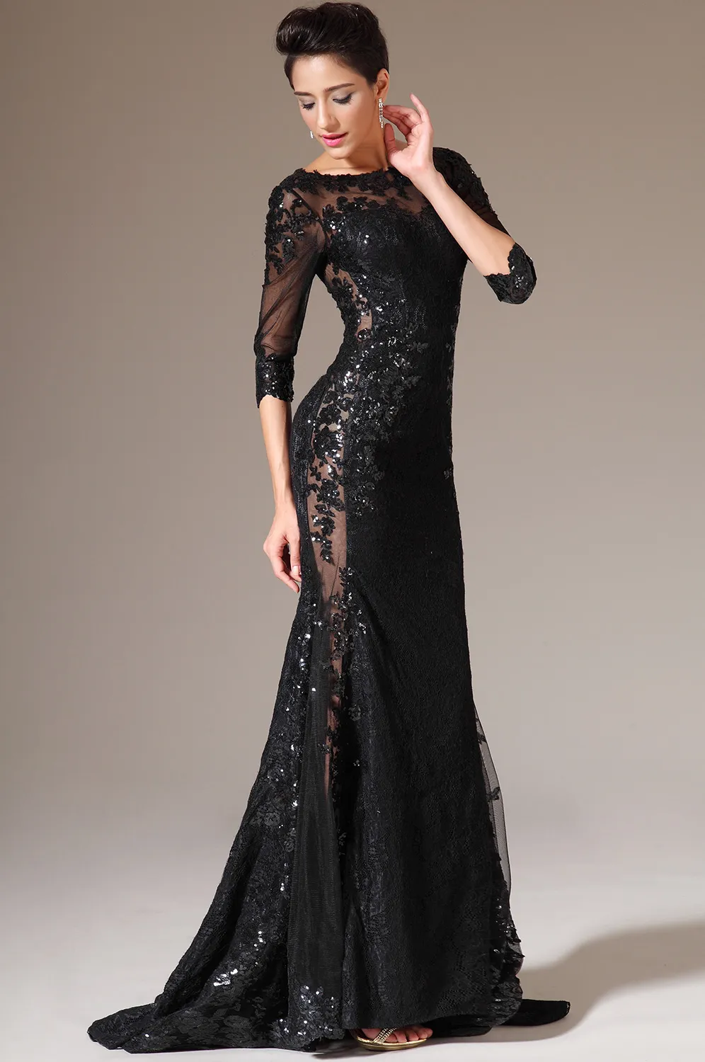 Nyaste eleganta sjöjungfru juvel svart spets svep tåg organza aftonklänningar med lång ärm se genom billiga långa moderklänningar2783050