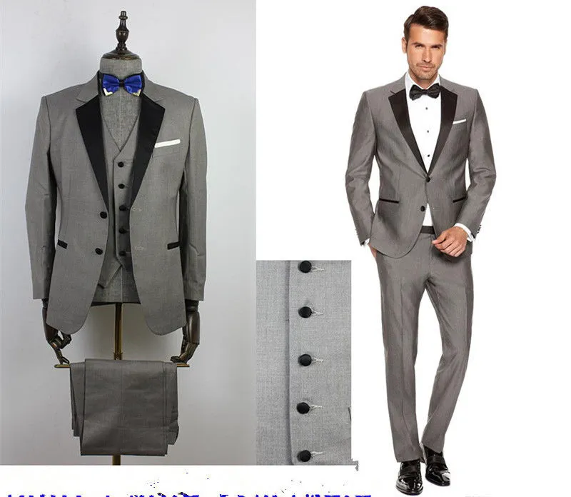Özel Gri Erkek Takım Elbise Siyah Yaka Slim Fit Düğün Damat Takımları / Groomsmen Balo Casual Suits (Ceket + Pantolon + Yelek + Papyon)