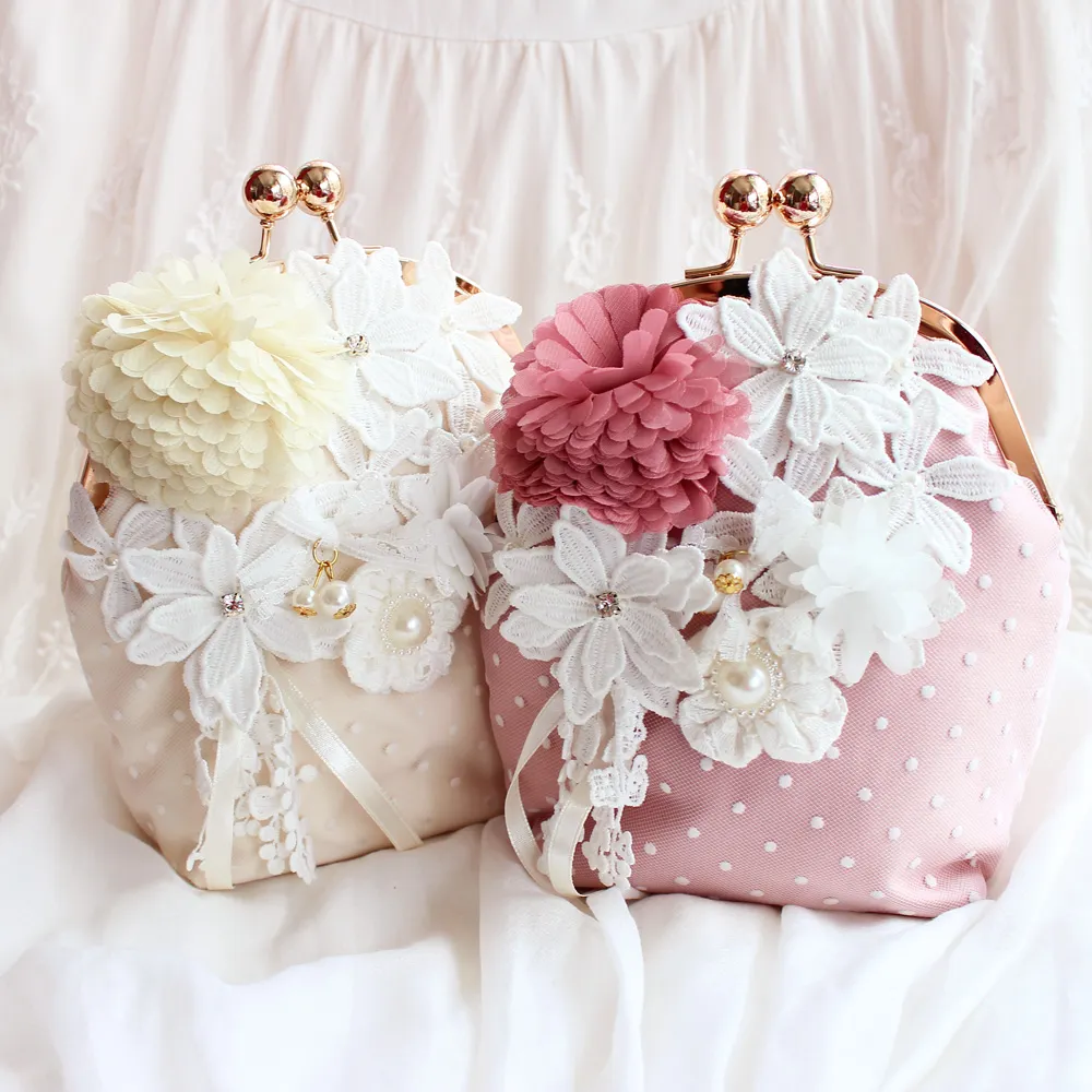 Exclusive Original Elegant Princess Soft Lace Flowers Crystal Wedding Handbags For Brides Handmade Fabric Party Hand Bags 2016