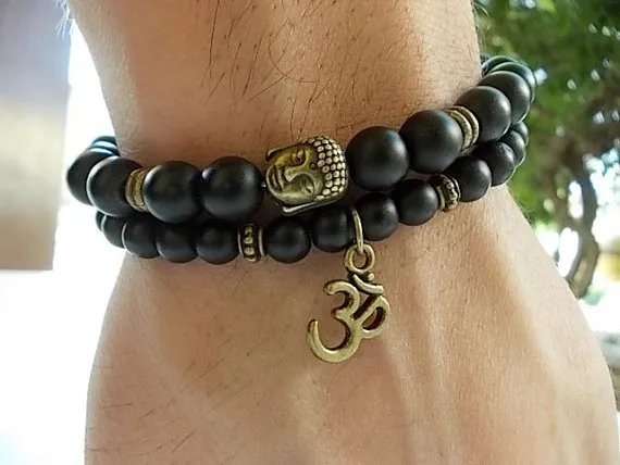 SNof 2 Buddha bracelets Yoga and Meditation bracelet Men Matte Agate bracelets Black Onyx Bracelet