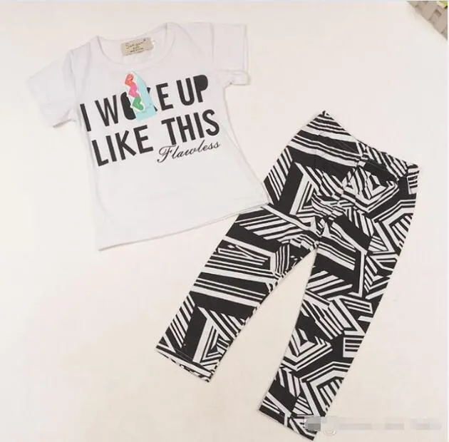 Summer I Woke Up Like This Letter Geometry Printing Children Girls Tshirt Pants Sets Kids Tee Shirt Tops Trousrs Outfits Casual BY0000