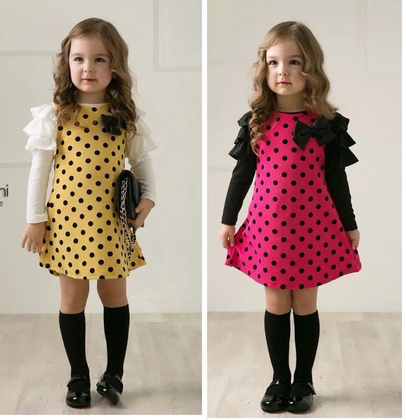 Ny ankomst Baby Långärmad Polka Dots Dresses For Girls Princess Bowknot Long Dress Party Vestidos
