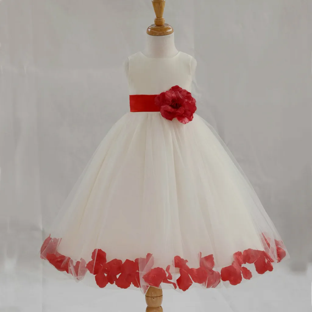 Lovely Custom Made Flowergirl Dress Ball Kappa En Linje Juvel Handgjorda Blomma Sash Bow Petals Girls Gown