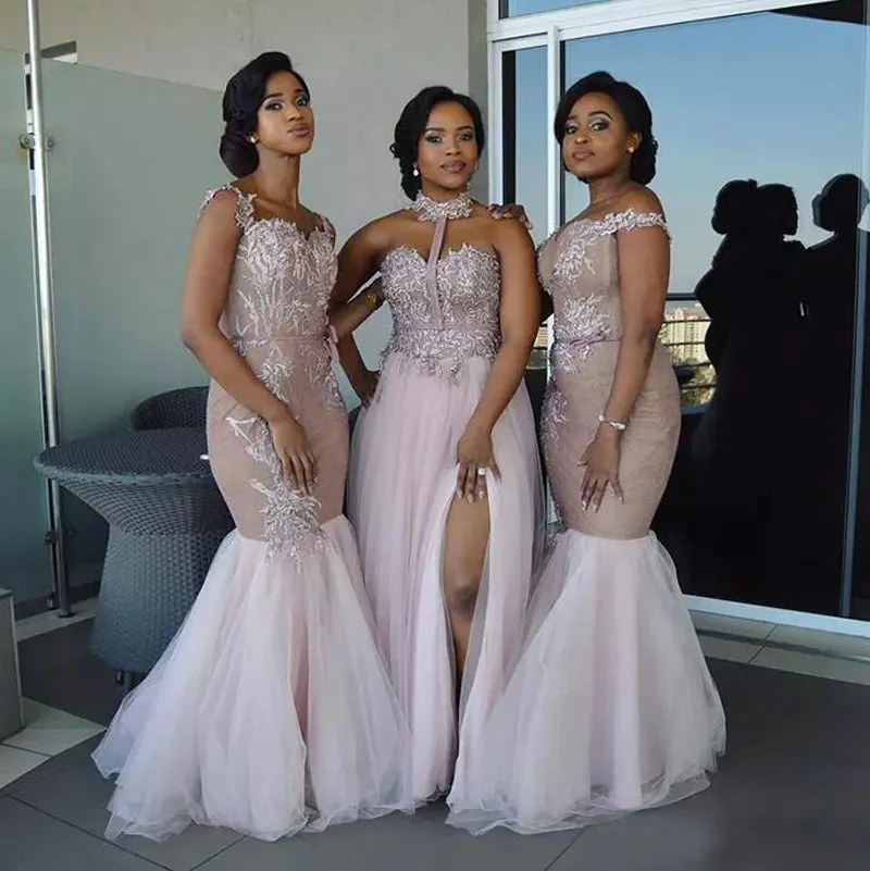 Three Styles Spaghetti Halter Off Shoulder Mermaid African Bridesmaid Dresses Long Lace Applique Maid Of Honor Wedding Guest Dress EN110313