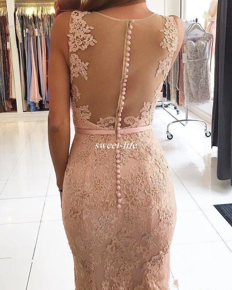 Sexig Vneck Prom Dresses Evening Wear Lace Applicies Pärlade Blush Pink Mermaid Sheer Back Formal Zuhair Murad Evening Dressess Par4691576