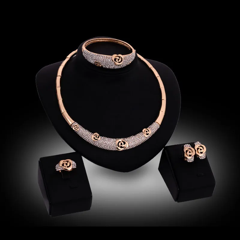 Fashion Classic Design Wedding 18K Gold Plated Rose Shape Crystal Necklace Bangle Earring Ring Jewelry Set