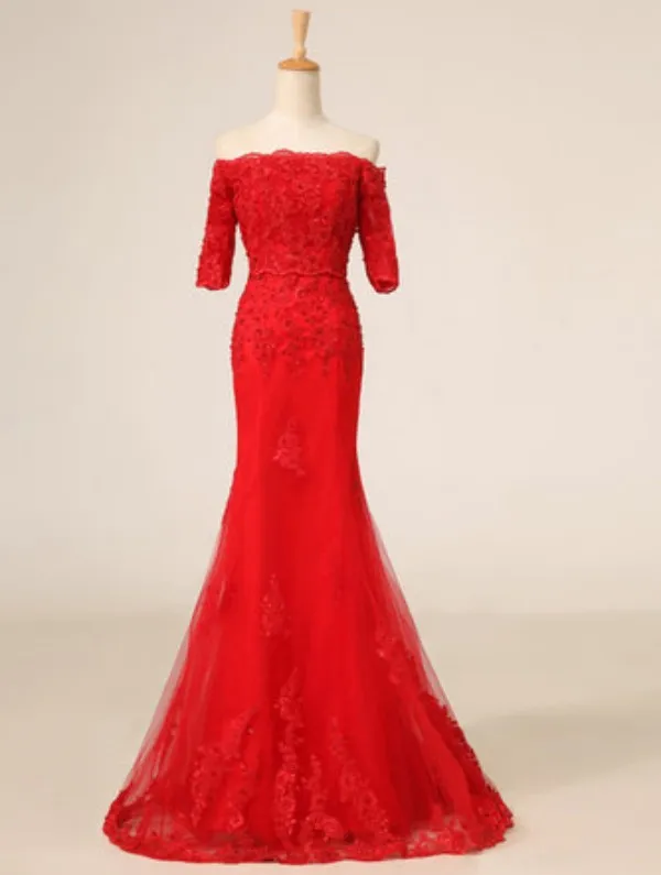 Gorgeous Red Dress Off Shoulder Half Sleeve Chinese Prom Party Dresses Cheongsam Lace-up Sweep Train Lace And Tulle With Appliques