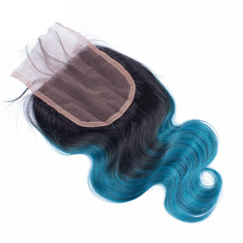 Two Tone 1B Blue Ombre Body Wave Hair Weaves with Top Closure Dark Roots Blue Ombre Free Part Lace Closure with Hair Bundles