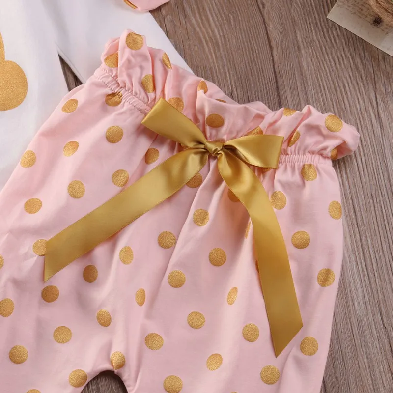 Söta barnkläder Nyfödda Babyflickor Kläder Headband Kanin Romper Polka Dot Byxor Byxor Spädbarn Outfits Barnkläder Sätta 0-18m