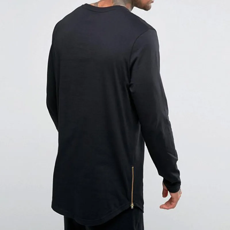 New Hip Hop Mens Basic T Shirt Longline Zipper Designer Long Sleeve O-neck Solid T Shirts Men`s Curve Hem Side Zip Tops tee