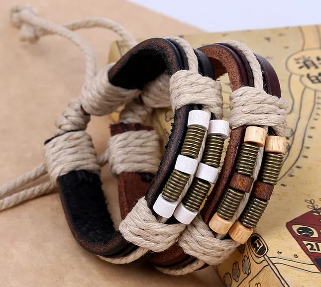 2015 Senaste versionen Läderarmband Bronse Spring Wooden Bead Genuine Läder Hand Catenary Manual Woven Armband 20st