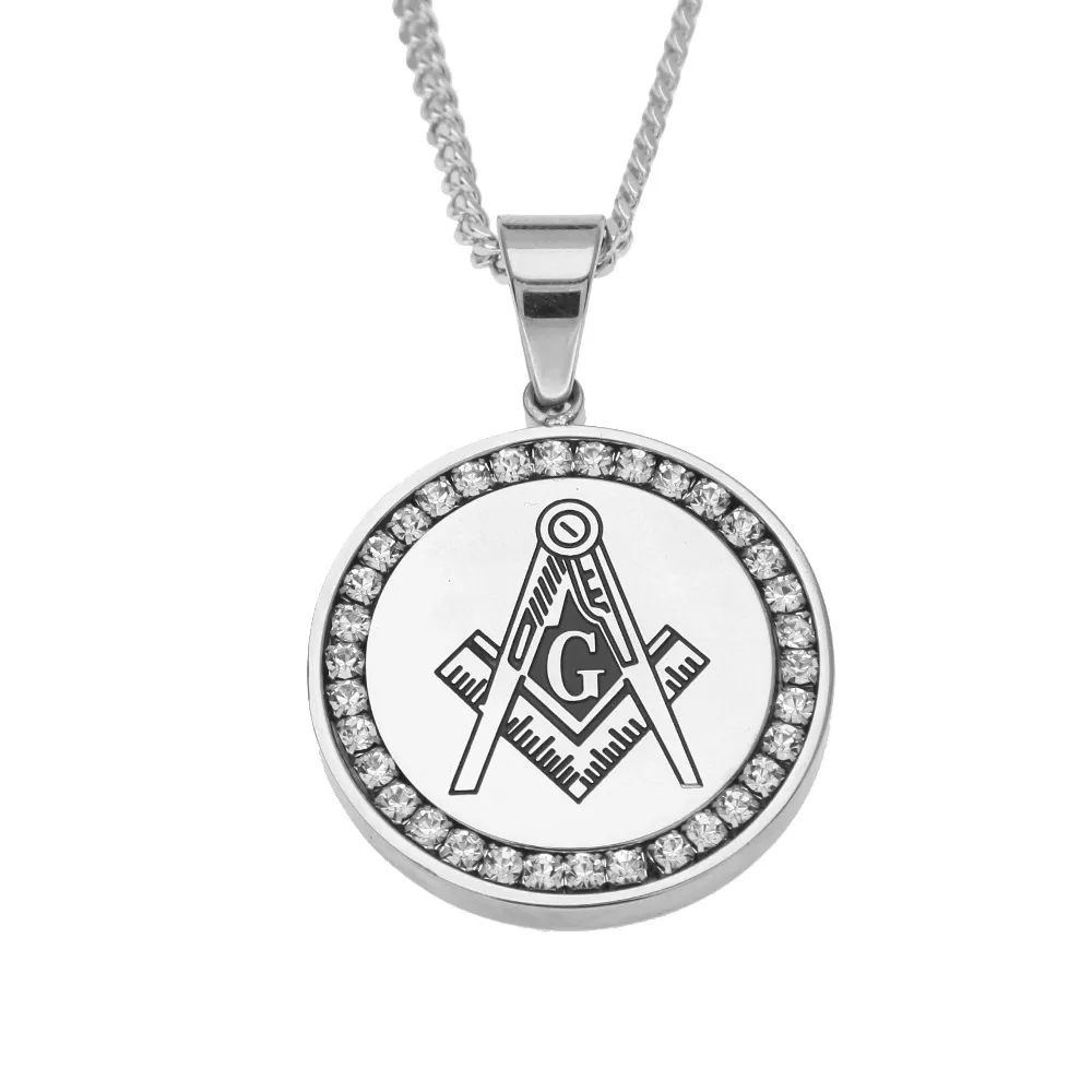 Men Mason Round Pendant Tag Stainless Steel With Clear Rhinestones Masonic Compass&Square Symbol 24 Cuban Chain Necklac281O