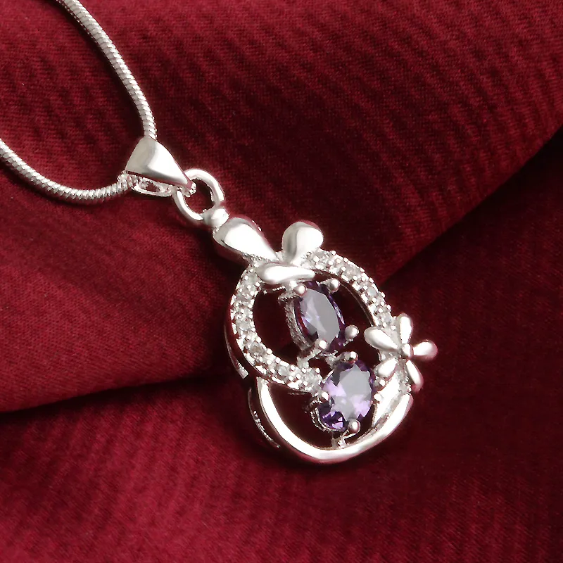 Kostenloser Versand Mode hohe Qualität 925 Silber Herz lila Diamant Schmuck 925 Silber Halskette Valentinstag Urlaub Geschenke Hot 1680