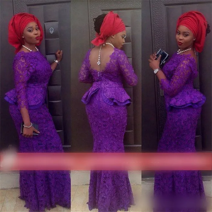 2019 robes de soirée en dentelle sirène Nigeria Aso Ebi Styles mode vêtements de cérémonie pas cher robes de bal formelles balayage train