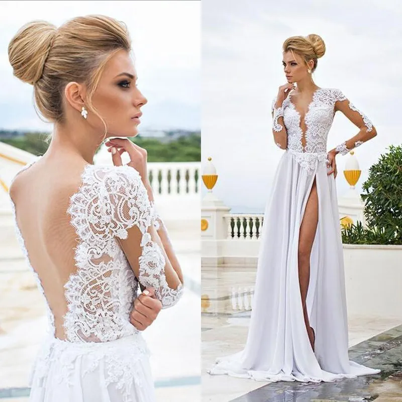 2019 Sexy Beach Wedding Dresses Sheer Lace Appliqued Long Sleeves Sheath V Neck Backless Split Chiffon Bridal Gowns White Dress