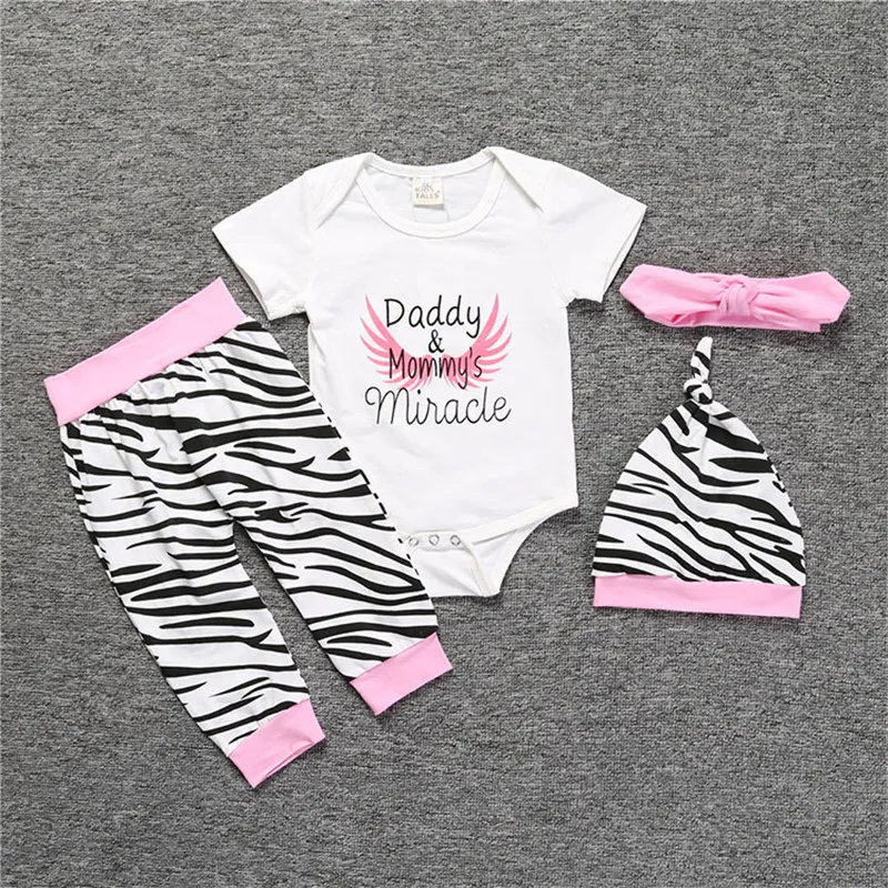 Dziewczynka Ubrania Zestaw Berbeć Odzież Bawełniana Romper + Zebra Spodnie + Kapelusz + Łuk Pałąk 4 sztuk Daddy Mommy's Miracle Dzieci Dziewczyny