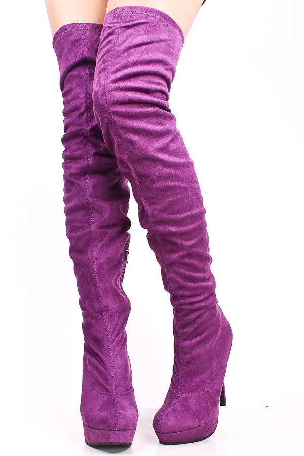 Фиолетовый бедро высокий каблук ботинок для женской обуви леди замшевые загрузки на высоком каблуке ручной работы сексуальные над кожаной обуви кожаные сапоги женщины новое прибытие 2015