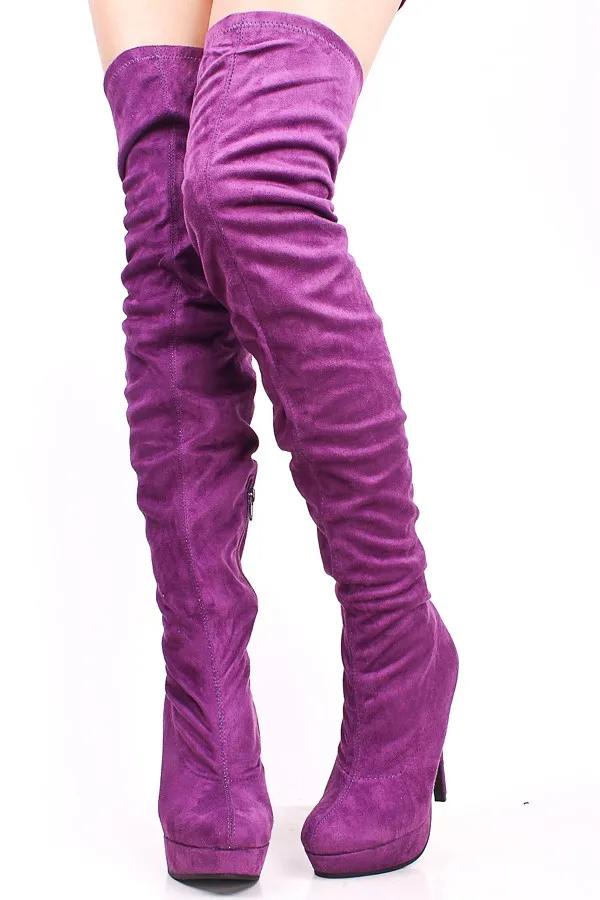 Violet Cuisse Botte À Talons Hauts Pour Femmes Chaussures Lady Botte En Daim À Talons Hauts À La Main Sexy Sur Le Genou Chaussures En Cuir Bottes Femmes Nouvelle Arrivée 2015