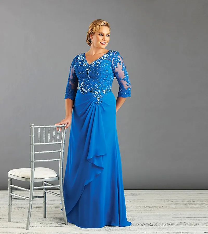 Plus Size Special Occasion Dresses Crystal Lace V-Neck 3/4 Sleeves Backless Evening Gowns Chiffon Floor Length Mother Of The Bride