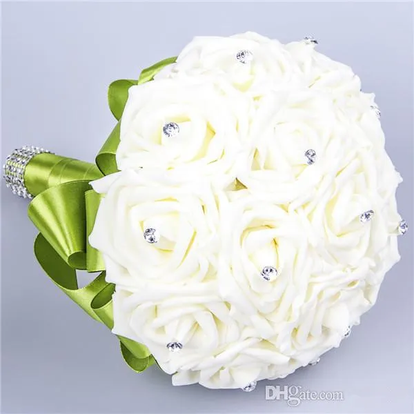 Nowy bukiet ślubny dekoracja ślubna sztuczna druhna kwiat kryształowy jedwab róży WF001 Royal Blue Mint White Green Lilac Tanie