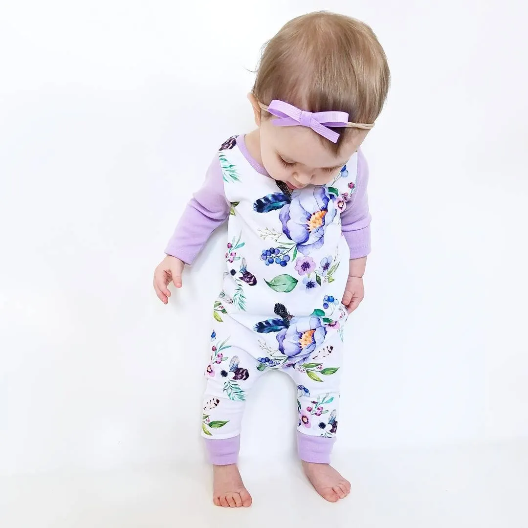 Lindo Bebê Recém-nascido Meninas Roupas Crianças Romper Roxo Estampa Floral Algodão Macacão Roupas de Bebê Roupa de Manga Longa Macacão de Bebê Primavera Outono