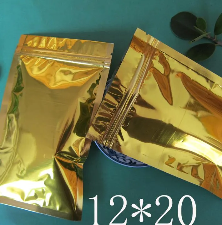 Lote 100 pçs 12 20 cm Barato Todo Dourado Fecho de Zíper Metálico Folha de Alumínio Sacos de Fecho de Zíper Sacos de ouro bolsa de embalagem 255a